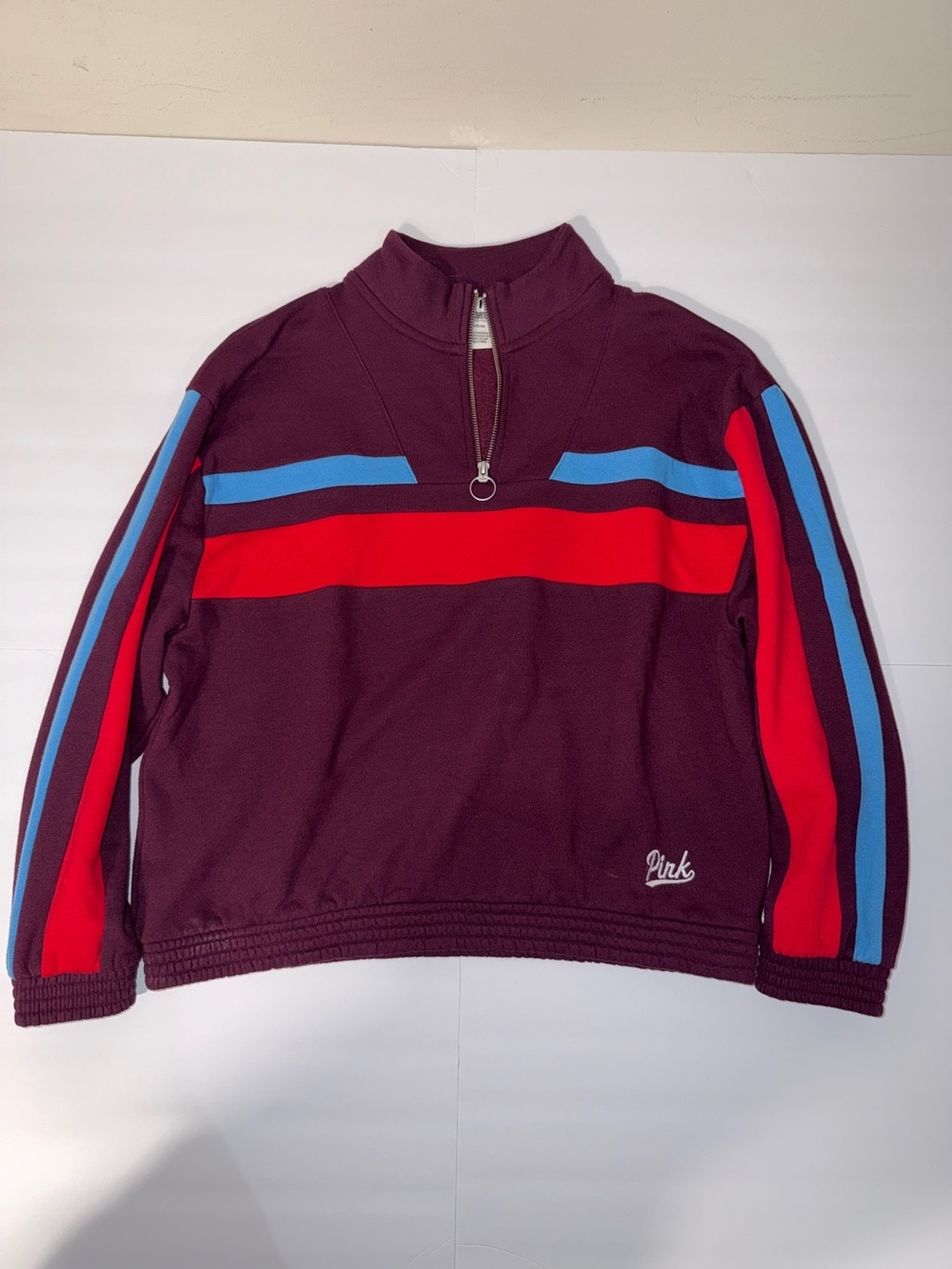 PINK Victoria's Secret Burgundy Quarter-Zip Pullover with Red and Blue Stripes